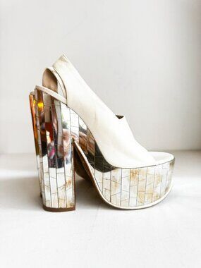 Rochas RUNWAY White Leather Mirror " Disco" Sandals Chunky Heel 39
